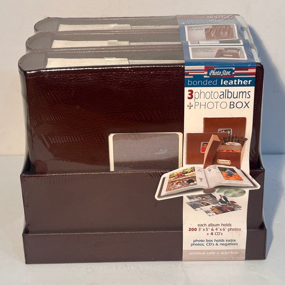 PhotoStor Bonded Leather 3 Photo Albums and Photo Box Set Brown Archival Safe